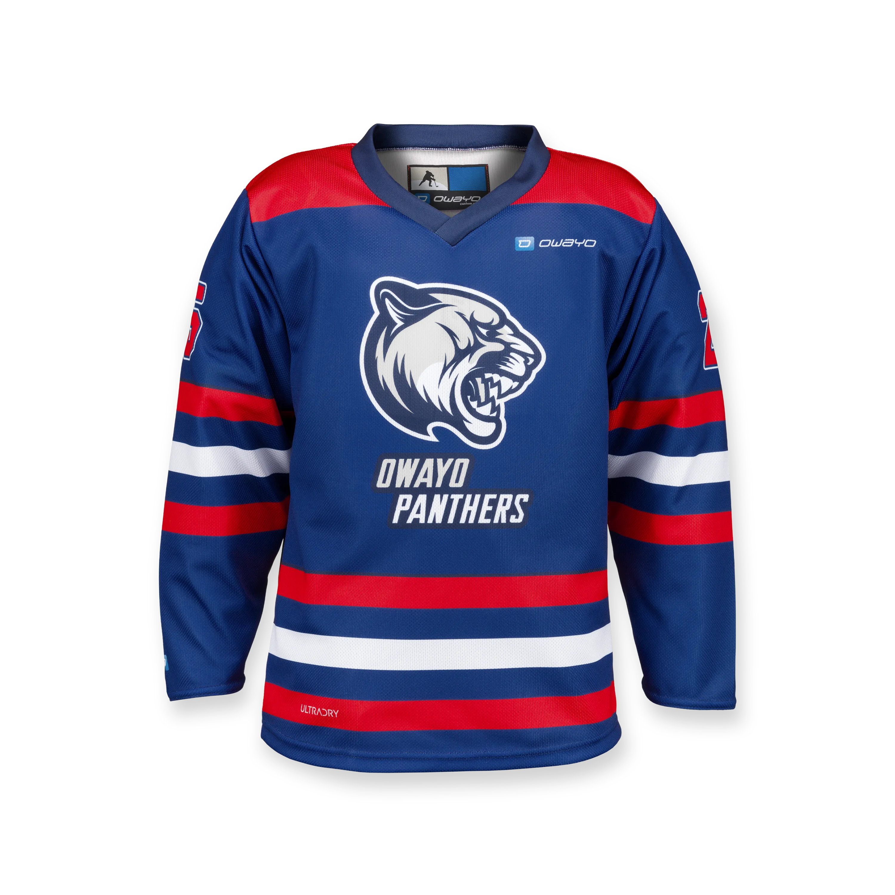 Ein blaues Eishockeytrikot mit roten und weißen Streifen, einem Panther-Logo auf der Vorderseite und der Nummer 26 auf dem Ärmel.