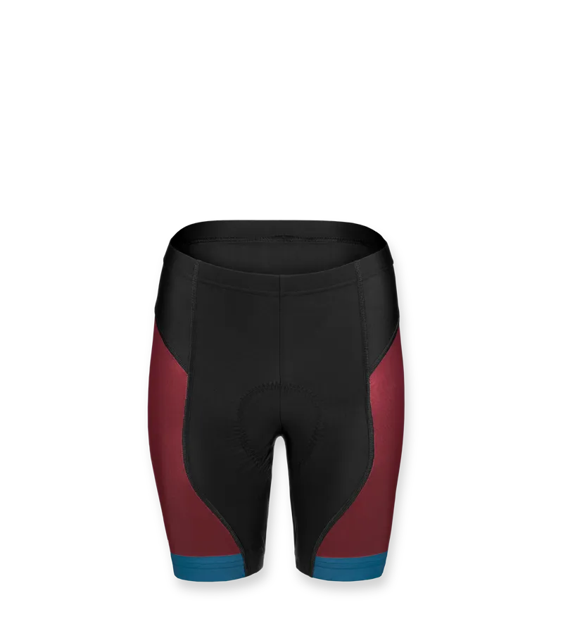 Eine Damen-Fahrradhose von owayo in Schwarz mit roten Seitenstreifen und blauen Abschlüssen am Saum.