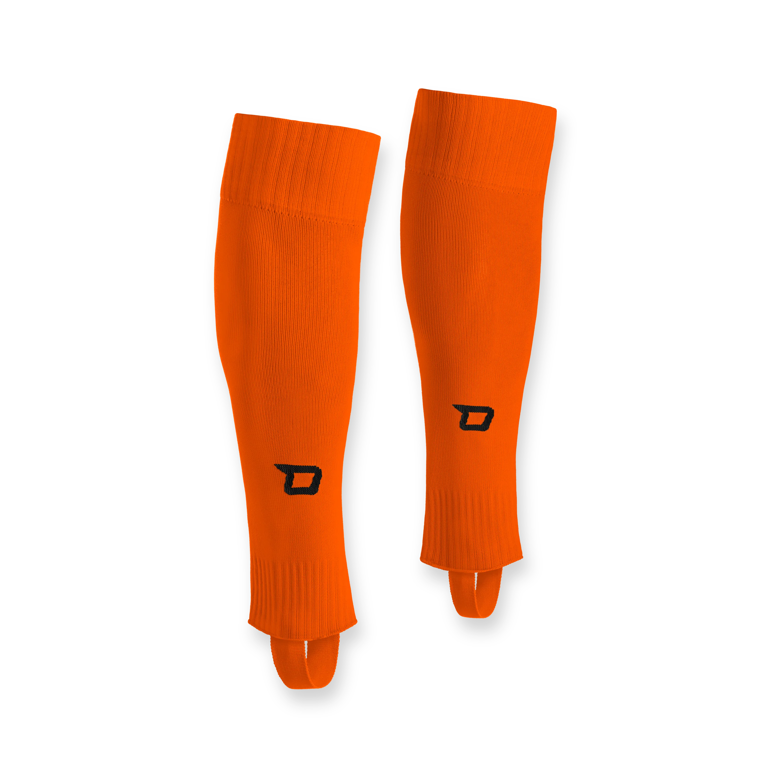 Ein Paar leuchtend orangefarbener Schienbeinschoner mit schwarzen Akzenten.