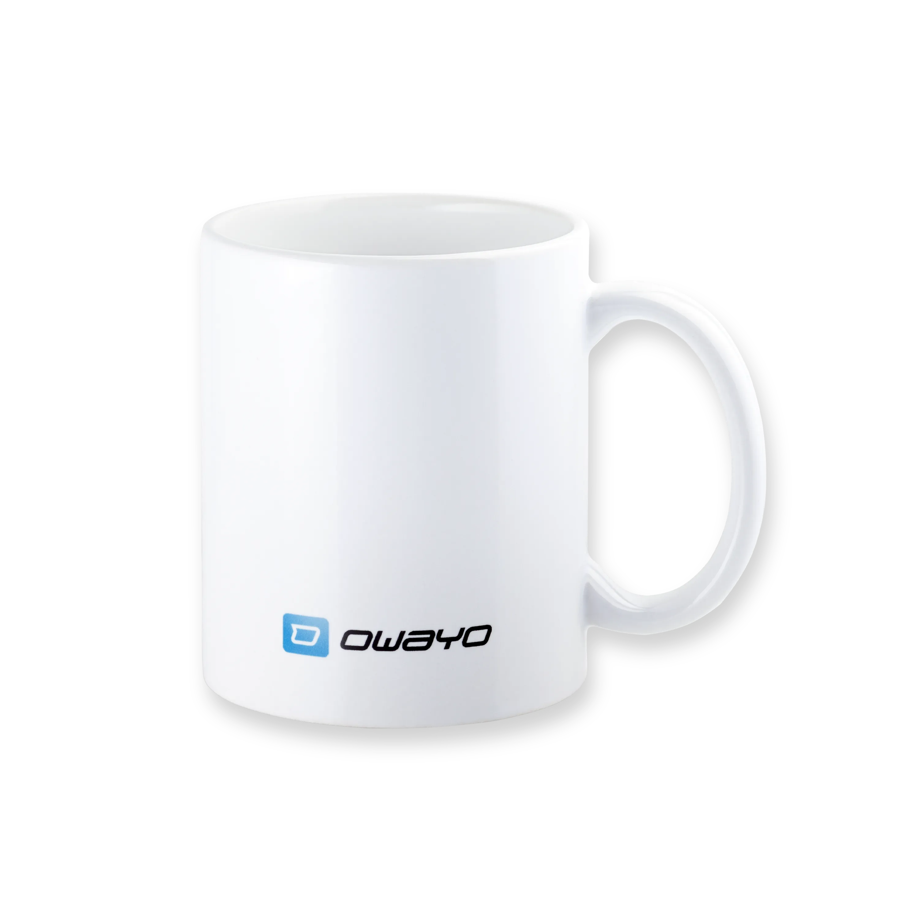 Eine weiße Tasse mit einem Griff, die ein minimalistisches Design aufweist.