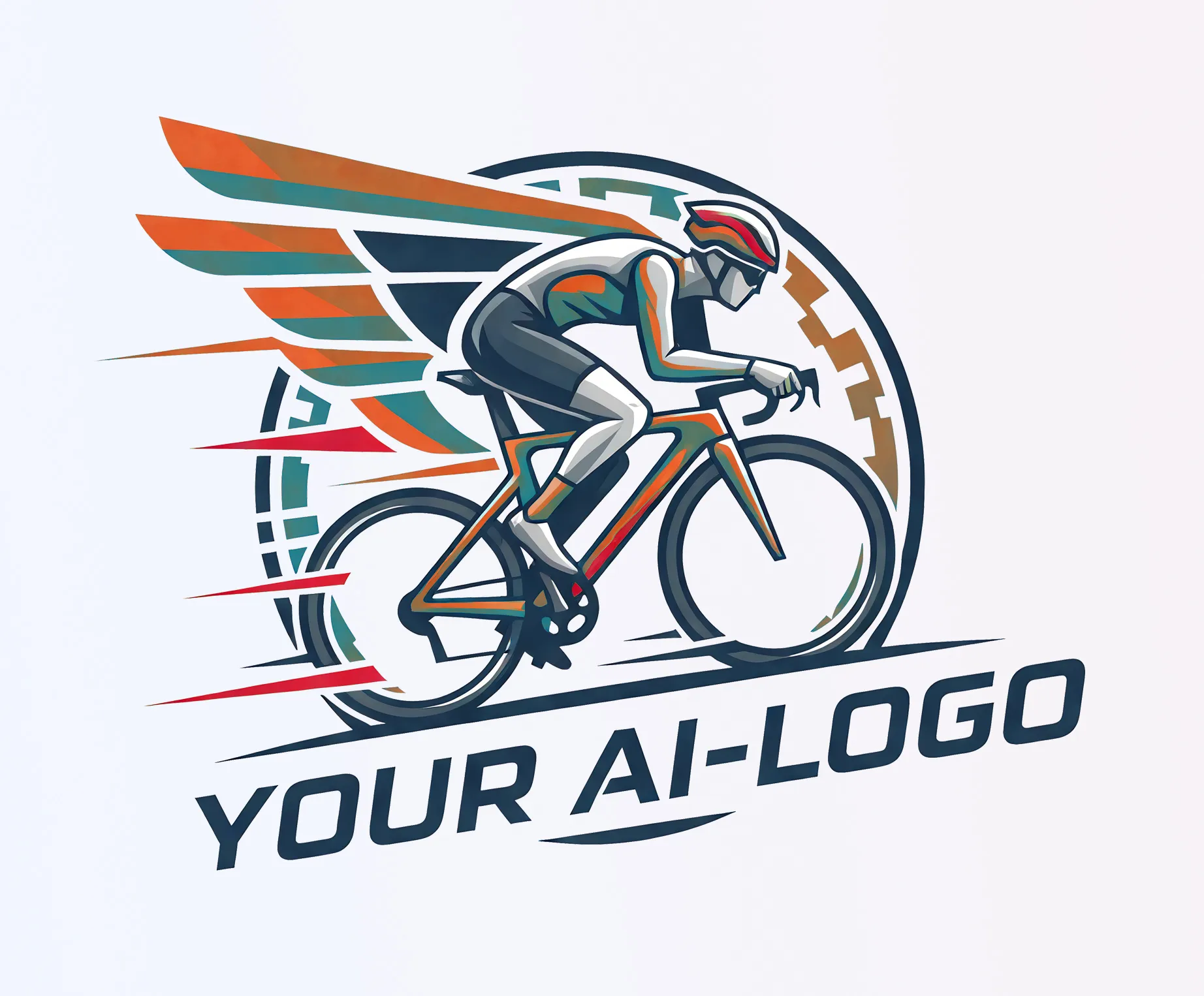 Ein stilisierter Radfahrer in einer aerodynamischen Haltung auf einem Rennrad, umgeben von farbigen Flügeln und Geschwindigkeitslinien, darunter der Text 'YOUR AI-LOGO'.