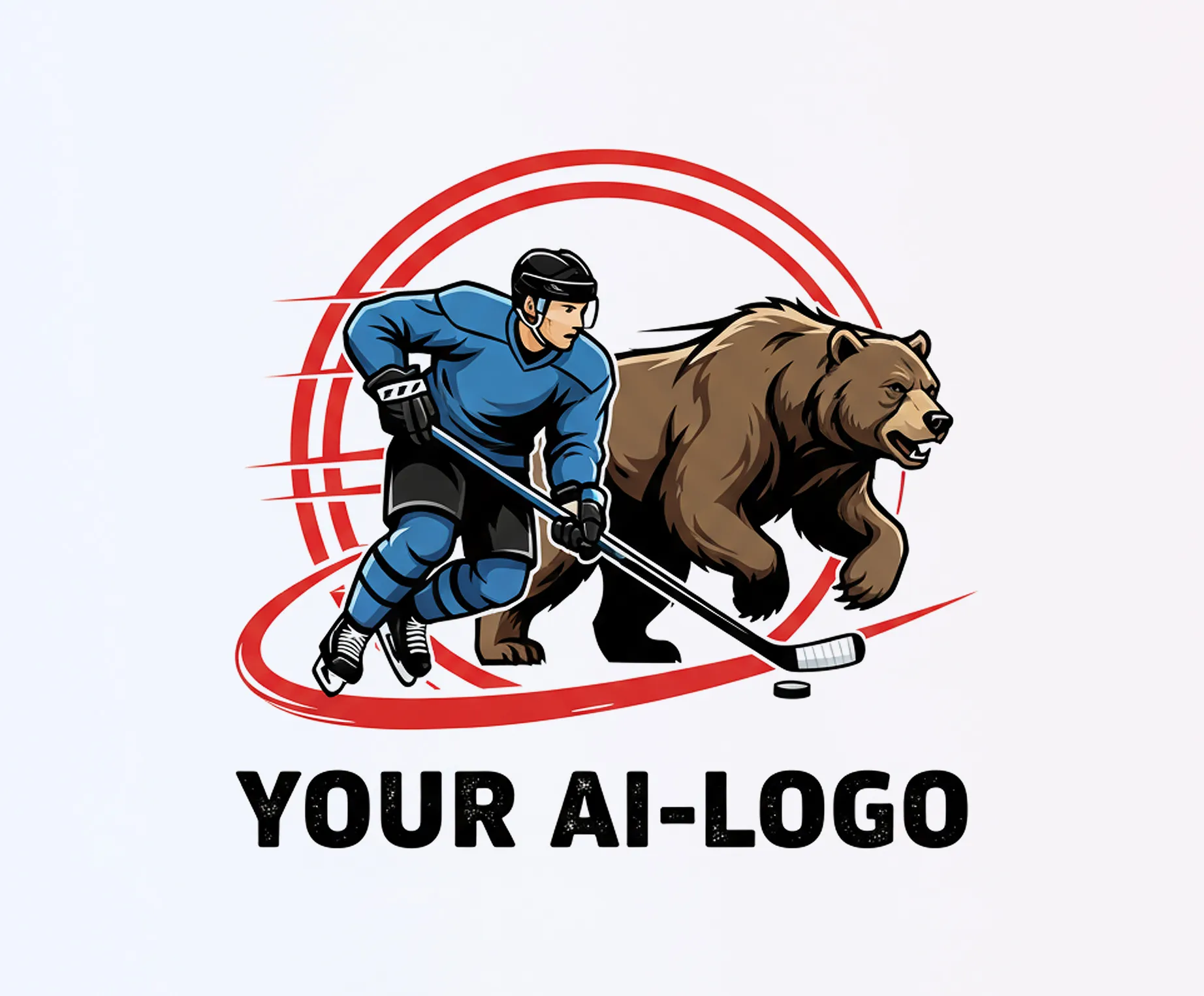 Ein Eishockeyspieler in blauem Trikot fährt mit einem Schläger und wird von einem Bären begleitet.