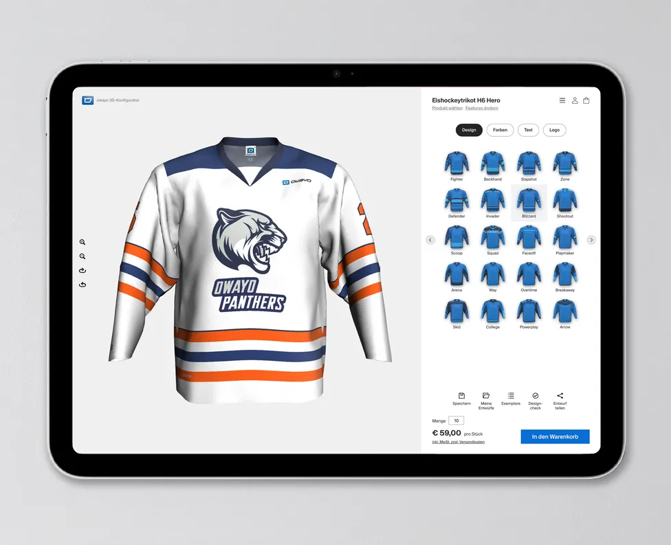 Ein Tablet zeigt den owayo 3D-Konfigurator mit einem weißen Eishockeytrikot mit blauen und orangefarbenen Akzenten und einem Panther-Logo.