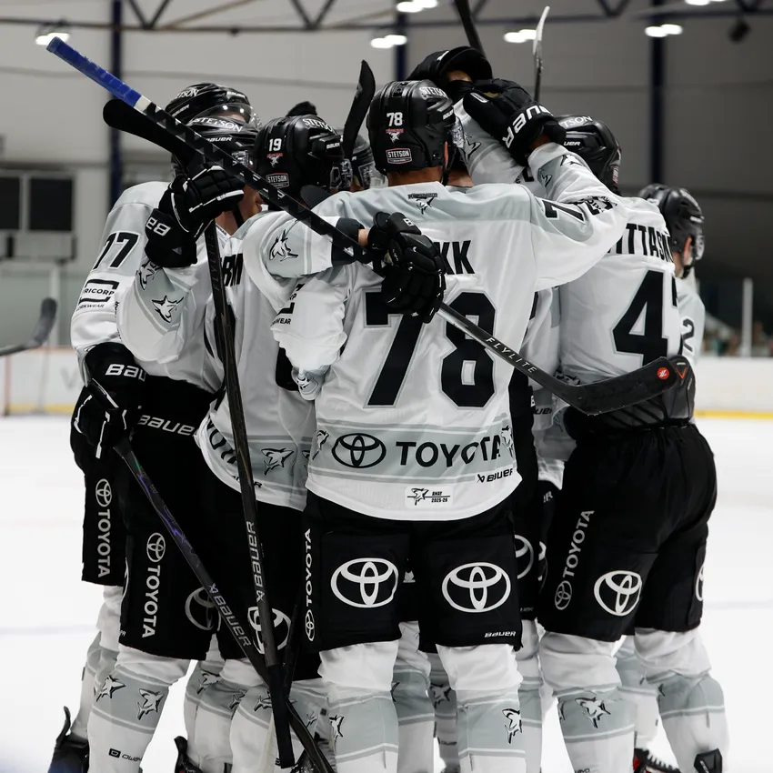 Eine Gruppe von Eishockeyspielern in weißen und schwarzen Trikots, die sich auf dem Eis umarmen.