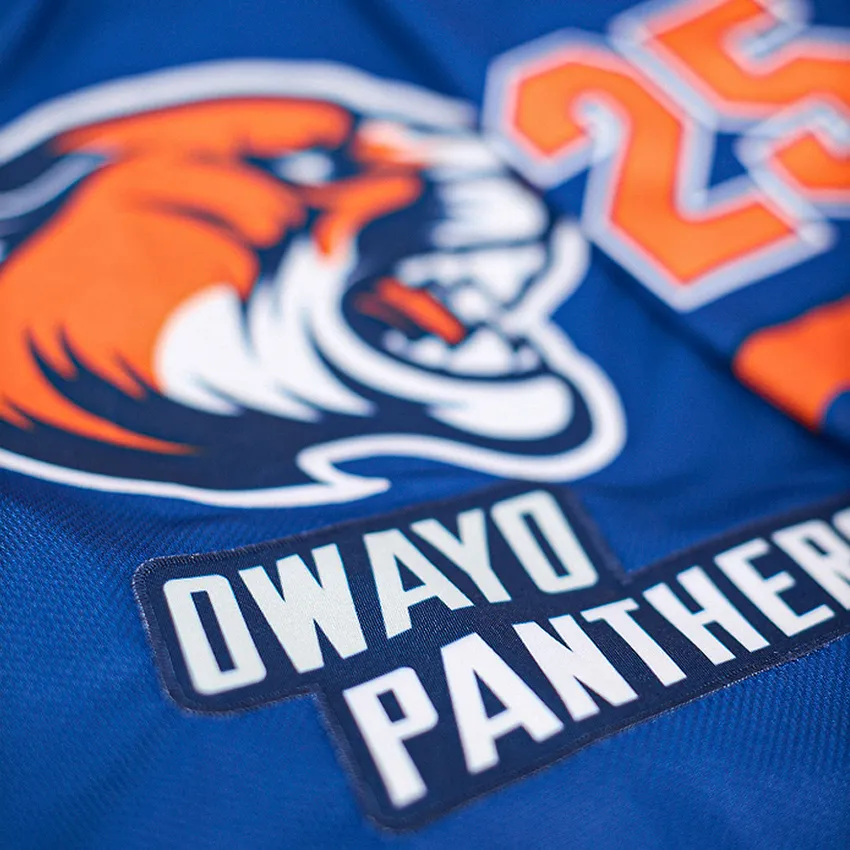 Detailaufnahme eines blauen Eishockeytrikots mit einem Tiger-Logo und der Nummer 25.