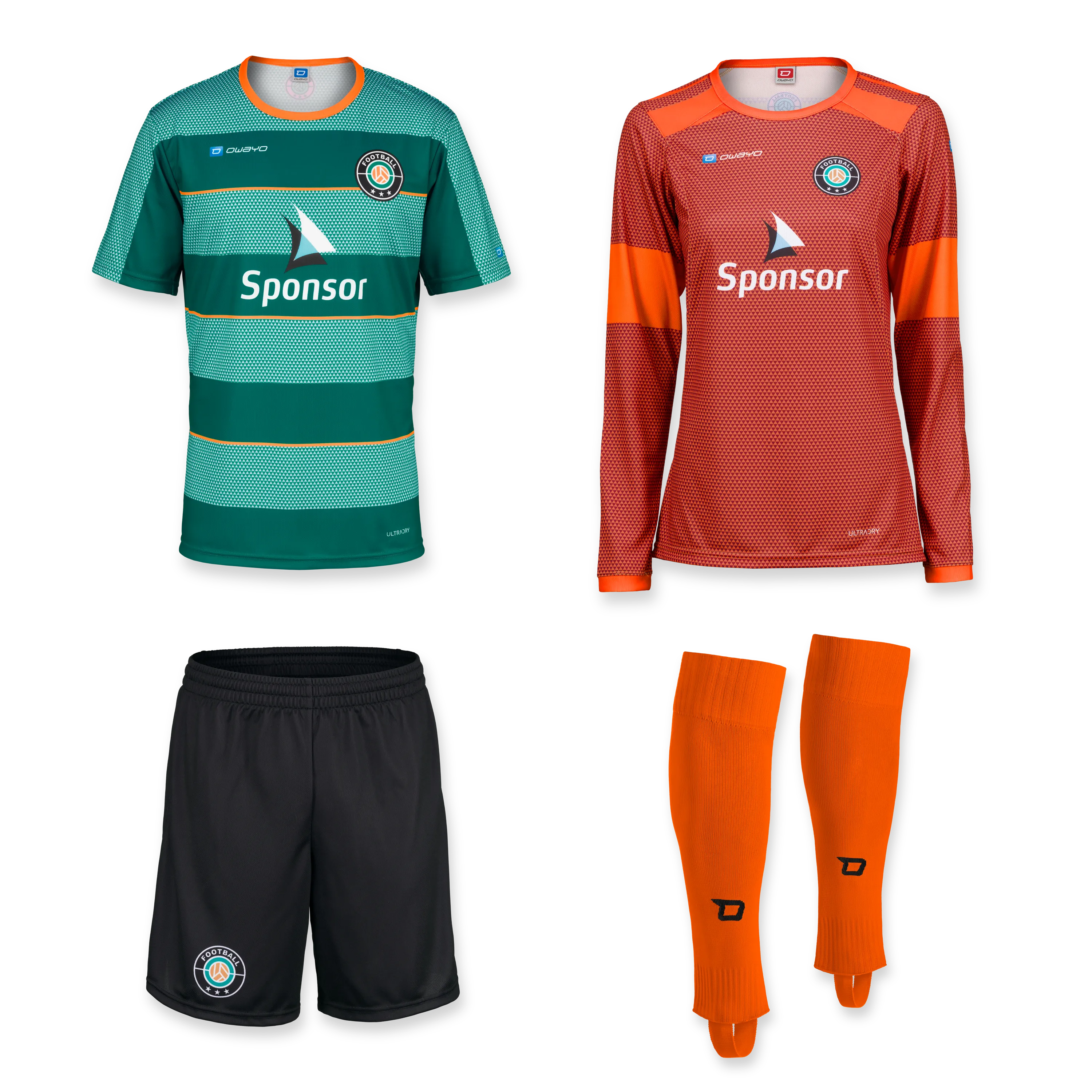 Alle Produkte Ein Set aus zwei Fußballtrikots, einem schwarzen Paar Shorts und einem Satz orangefarbener Stutzen, alles in verschiedenen Farbkombinationen.