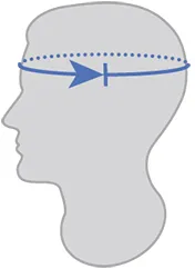 Eine schematische Darstellung eines männlichen Kopfes mit einer blauen Pfeil-Linie, die die Kopfumfangsmessung zeigt.