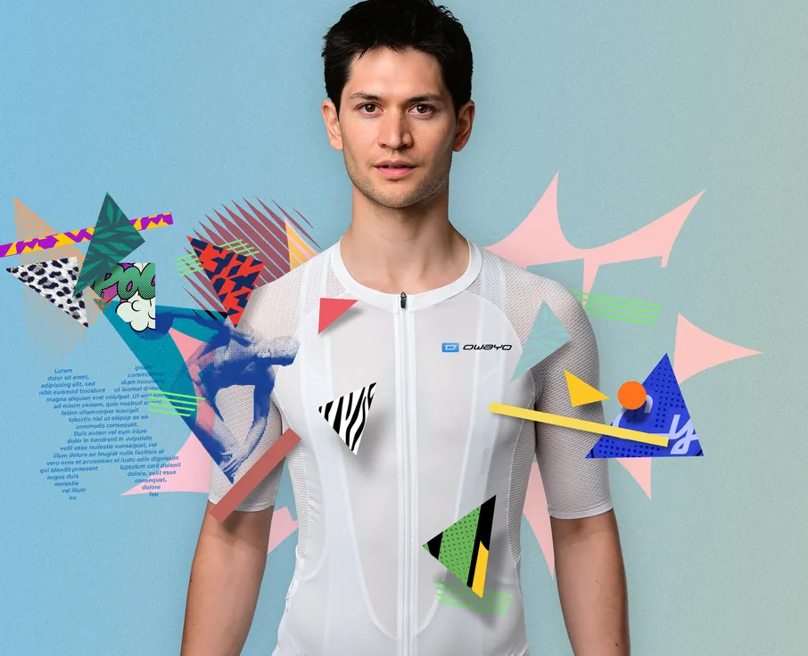 Ein Mann trägt ein weißes, ärmelloses Sporttrikot mit Reißverschluss und dem Logo 'owayo' auf der Brust, umgeben von bunten geometrischen Formen.