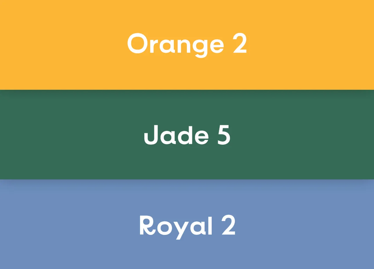Drei horizontale Farbblöcke in Orange, Jade und Royalblau mit den Beschriftungen 'Orange 2', 'Jade 5' und 'Royal 2'.