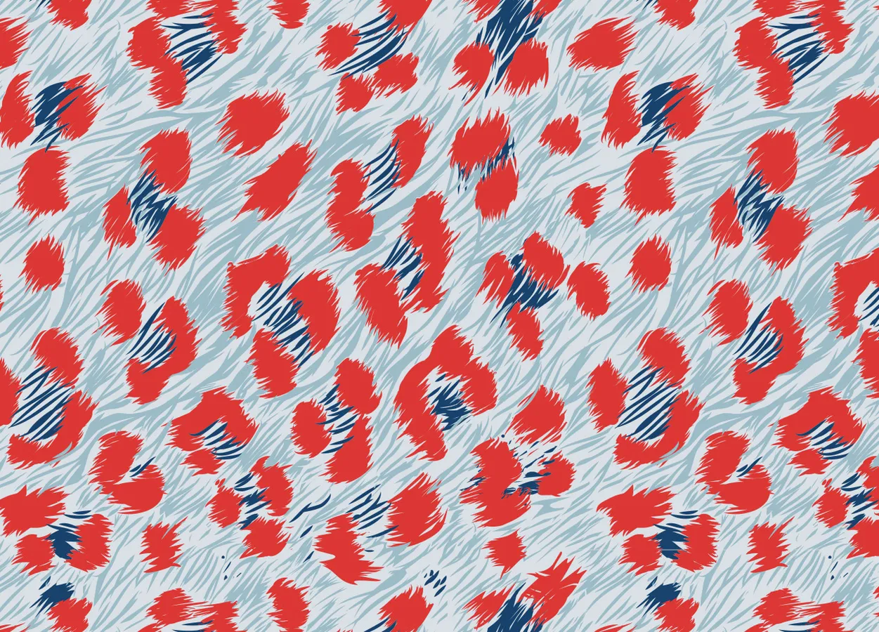 Ein abstraktes Muster mit roten und blauen Flecken auf einem hellblauen Hintergrund mit Strichmuster.