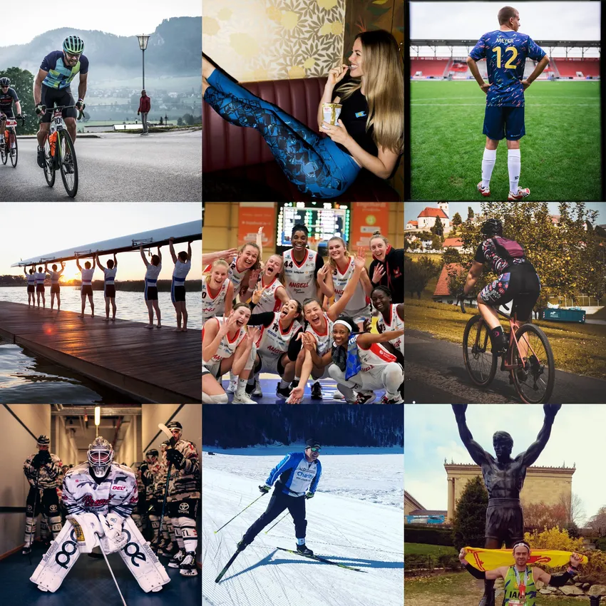 Eine Collage von Sportlern in verschiedenen Aktivitäten, darunter Radfahren, Basketball, Rudern und Wintersport, alle in sportlicher Bekleidung.