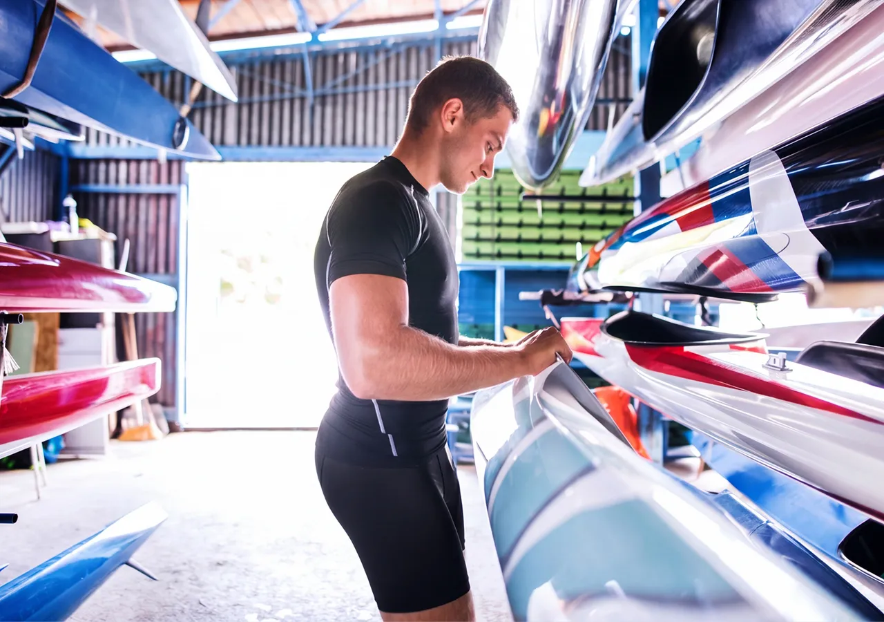 Ein Mann in einem enganliegenden schwarzen Sportshirt und Shorts, der ein Ruderboot in einer Lagerhalle betrachtet.